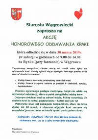 Starosta Wągrowiecki zaprasza na akcję HONOROWEGO ODDAWANIA KRWI - plakat