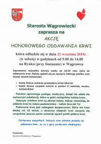 Starosta Wągrowiecki zaprasza do udziału w akcji honorowego oddawania krwi - plakat