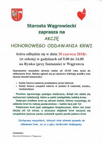 Starosta Wągrowiecki zaprasza na akcję honorowego oddawania krwi - plakat