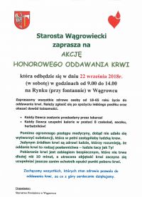 Starosta Wągrowiecki zaprasza na akcję honorowego oddawania krwi - plakat