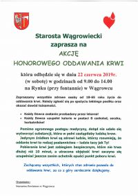 Starosta Wągrowiecki zaprasza na AKCJĘ HONOROWEGO ODDAWANIA KRWI - plakat