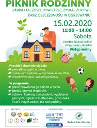 Piknik rodzinny "ZADBAJ O CZYSTE POWIETRZE, ZYSKAJ ZDROWIE ORAZ OSZCZĘDNOŚCI W OGRZEWANIU" - plakat