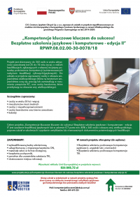 „Kompetencje kluczowe kluczem do sukcesu! Bezpłatne szkolenia językowe i komputerowe - edycja II” - plakat