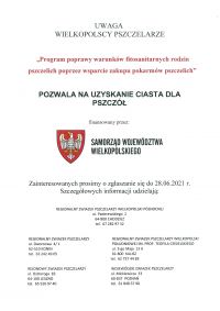 Program poprawy warunków fitosanitarnych rodzin pszczelich poprzez wsparcie zakupu pokarmów pszczelich - plakat