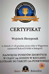 Certyfikat ustanowienia rekordu Polski dla Wojtka Skrzypczaka