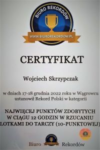 Certyfikat ustanowienia rekordu Polski dla Wojtka Skrzypczaka