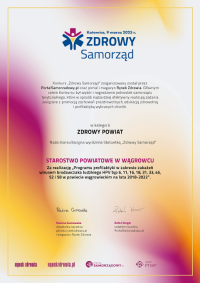 Starostwo Powiatowe w Wągrowcu nagrodzone w konkursie "Zdrowy Samorząd" - dyplom