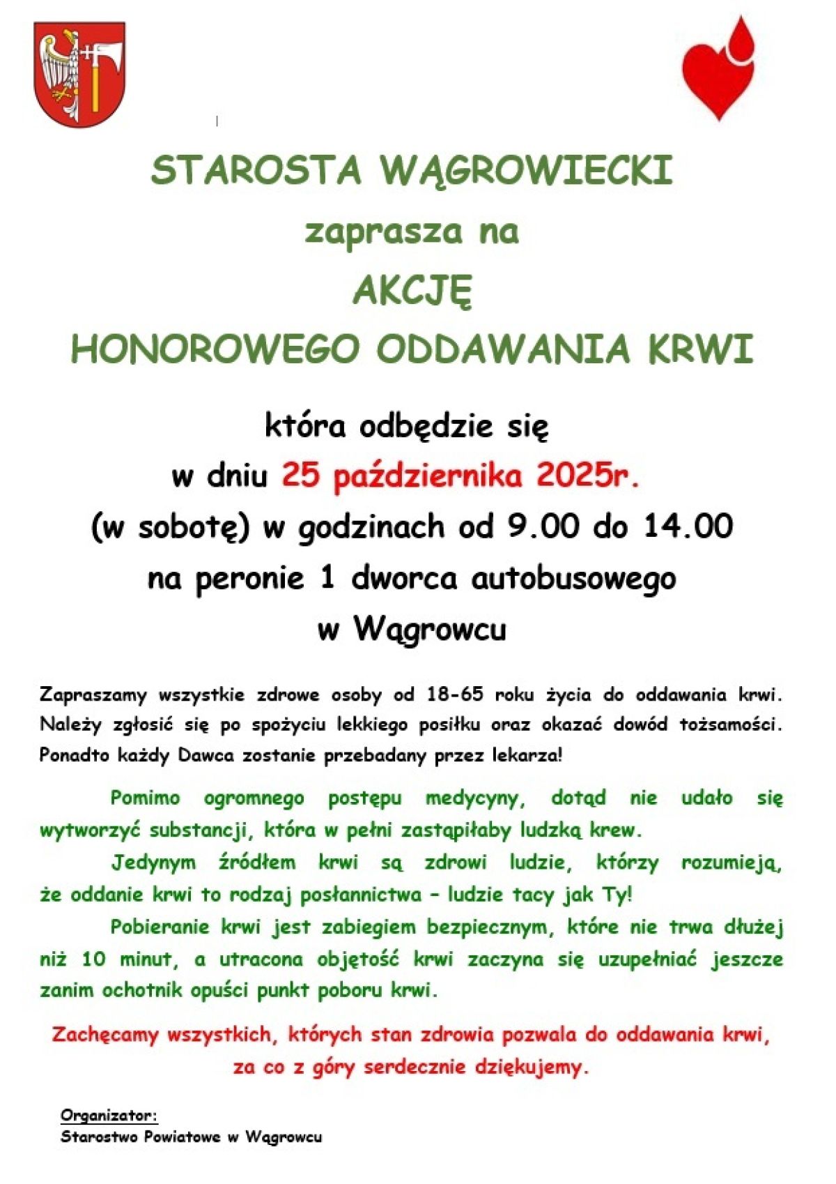 Starosta Wągrowiecki zaprasza na akcję honorowego oddawania krwi - plakat