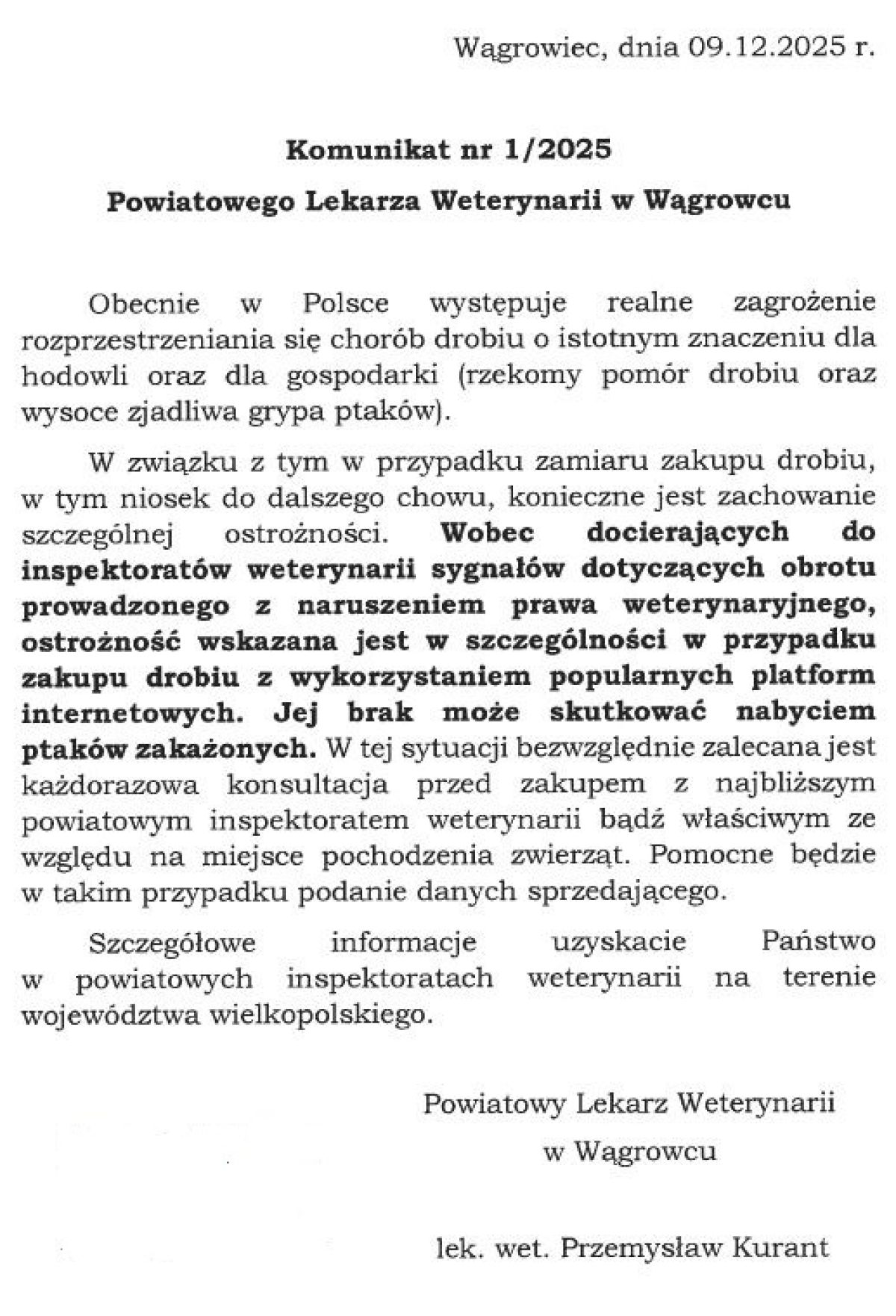 Komunikat Powiatowego Lekarza Weterynarii w Wągrowcu