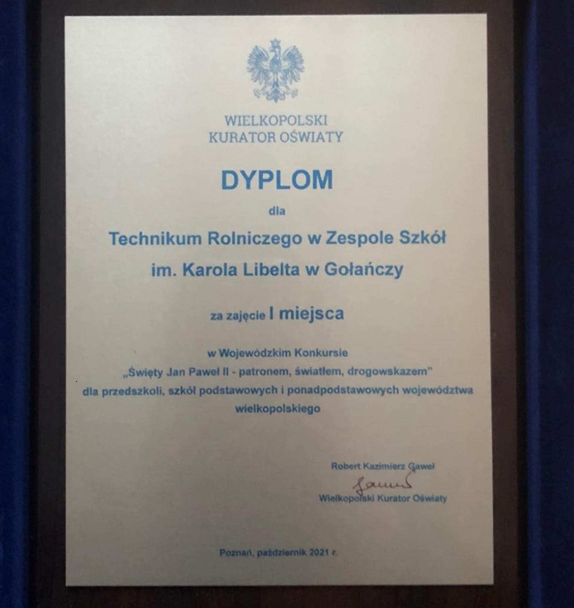 Dyplom Wielkopolskiego Kuratora Oświaty dla Technikum Rolniczego w Gołańczy