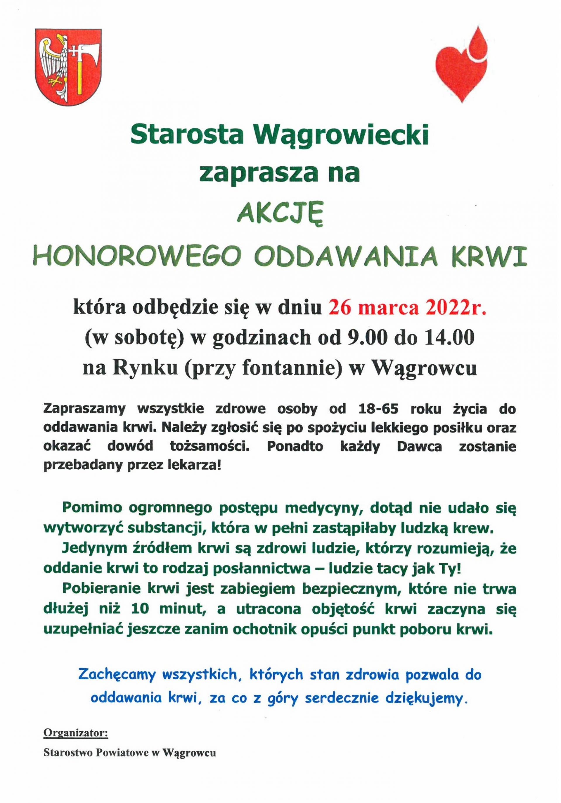 Starosta Wągrowiecki zaprasza na AKCJĘ HONOROWEGO ODDAWANIA KRWI