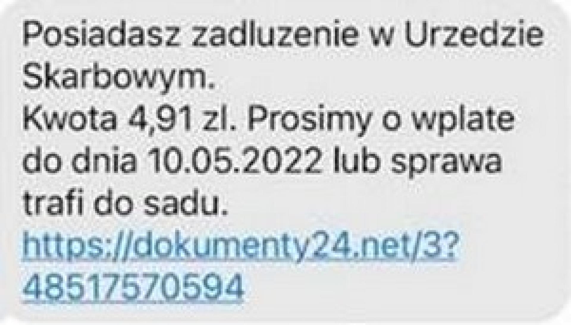 Uwaga na fałszywe sms-y na temat rzekomego zadłużenia w urzędzie skarbowym