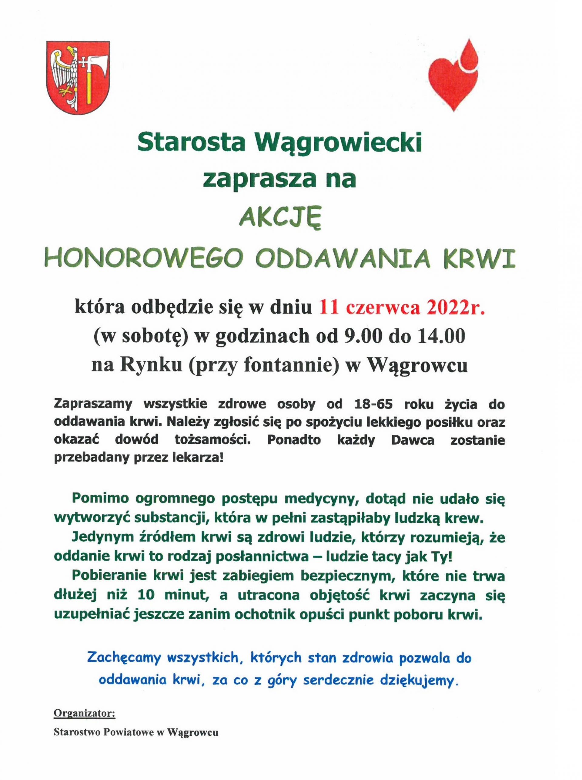 Starosta Wągrowiecki zaprasza na AKCJĘ HONOROWEGO ODDAWANIA KRWI