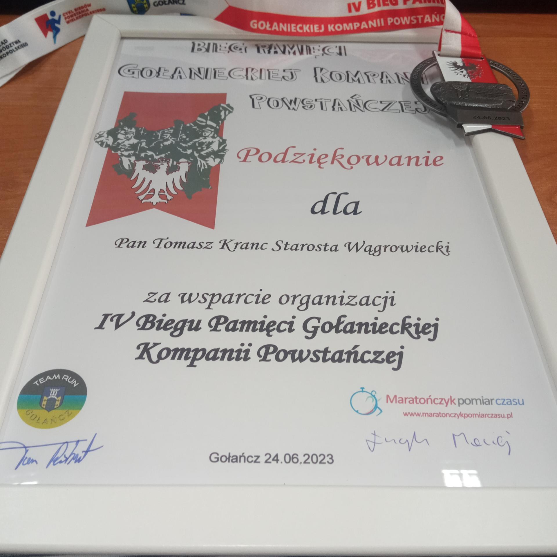 Podziękowanie dla Starosty Wągrowieckiego za wsparcie organizacji Biegu Pamięci Gołanieckiej Kompanii Powstańczej